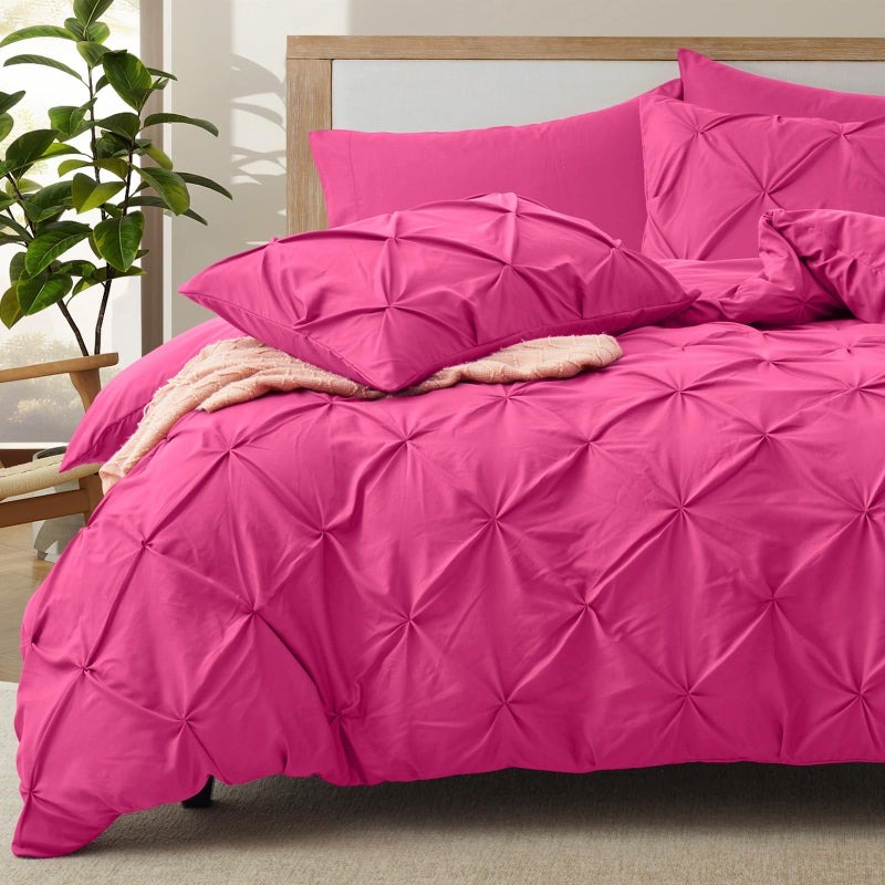 VACVELT 5 Piece Pinch Pleated Duvet Cover Full/Queen Size Set, Hot Pink Pintuck Duvet Cover with Zipper & 8 Ties, Shabby Chic Microfiber Duvet Cover + 2 Pillow Shams + 2 Pillowcases, No Comforter - Image 1