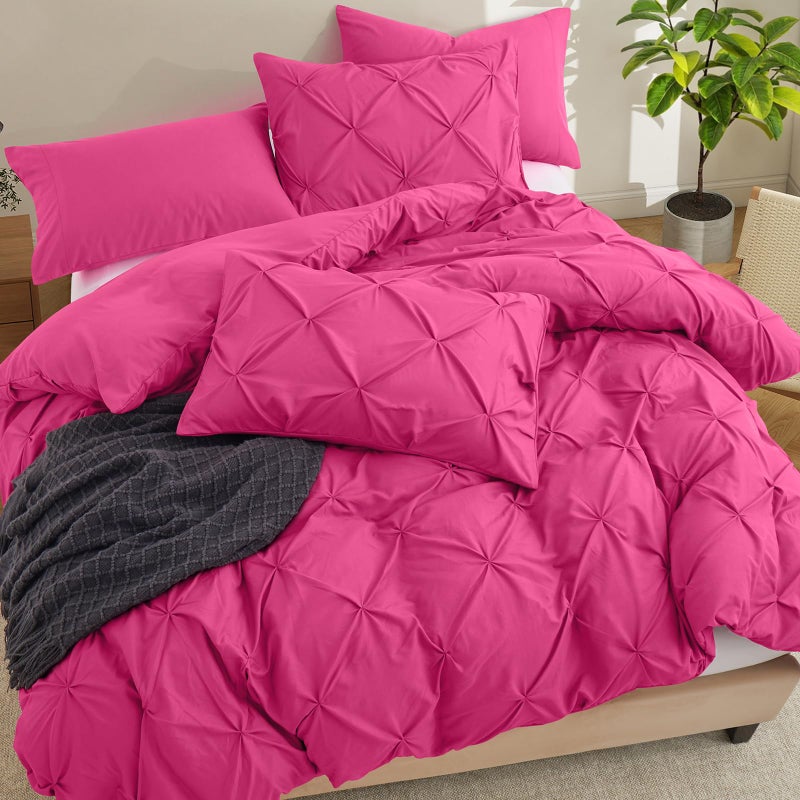 VACVELT 5 Piece Pinch Pleated Duvet Cover Full/Queen Size Set, Hot Pink Pintuck Duvet Cover with Zipper & 8 Ties, Shabby Chic Microfiber Duvet Cover + 2 Pillow Shams + 2 Pillowcases, No Comforter - Image 3