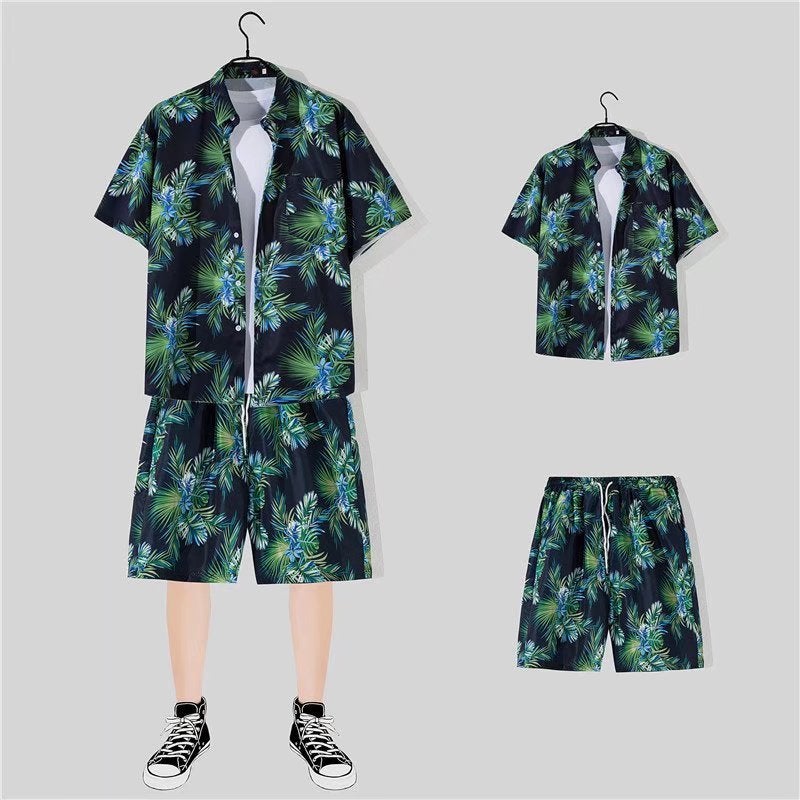 Mens Loose Hawaiian Beach Shirt Shorts Set Navy (shorts)  - Image 5