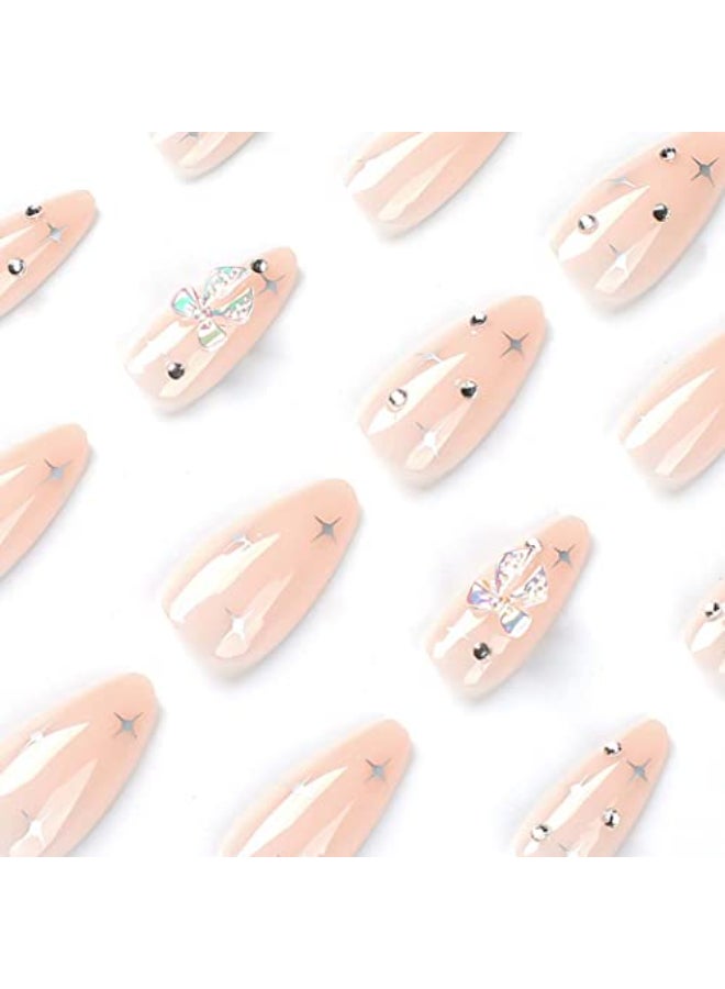 RikView Medium Press On Almond Acrylic Nails Nude with Rhinestones Glossy Full Cover 24 PCs - Image 2