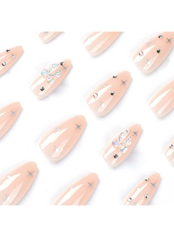 RikView Medium Press On Almond Acrylic Nails Nude with Rhinestones Glossy Full Cover 24 PCs - Image 3