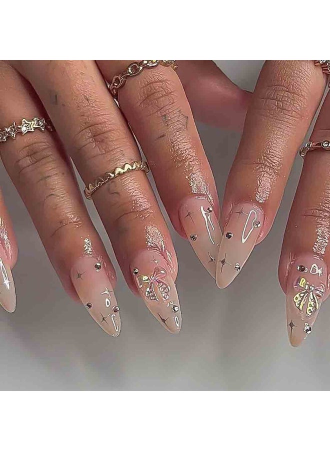RikView Medium Press On Almond Acrylic Nails Nude with Rhinestones Glossy Full Cover 24 PCs - Image 1