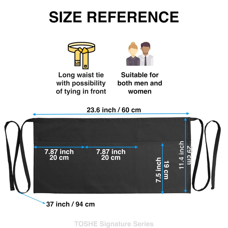 TOSHE Waist Apron with 3 Pockets Waterdrop Resistant Premium Cotton Waitress Apron 10 Color Option Server Apron Chef Apron (2 Pack - Black) - Image 4