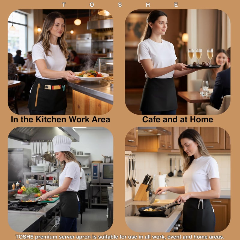 TOSHE Waist Apron with 3 Pockets Waterdrop Resistant Premium Cotton Waitress Apron 10 Color Option Server Apron Chef Apron (2 Pack - Black) - Image 2