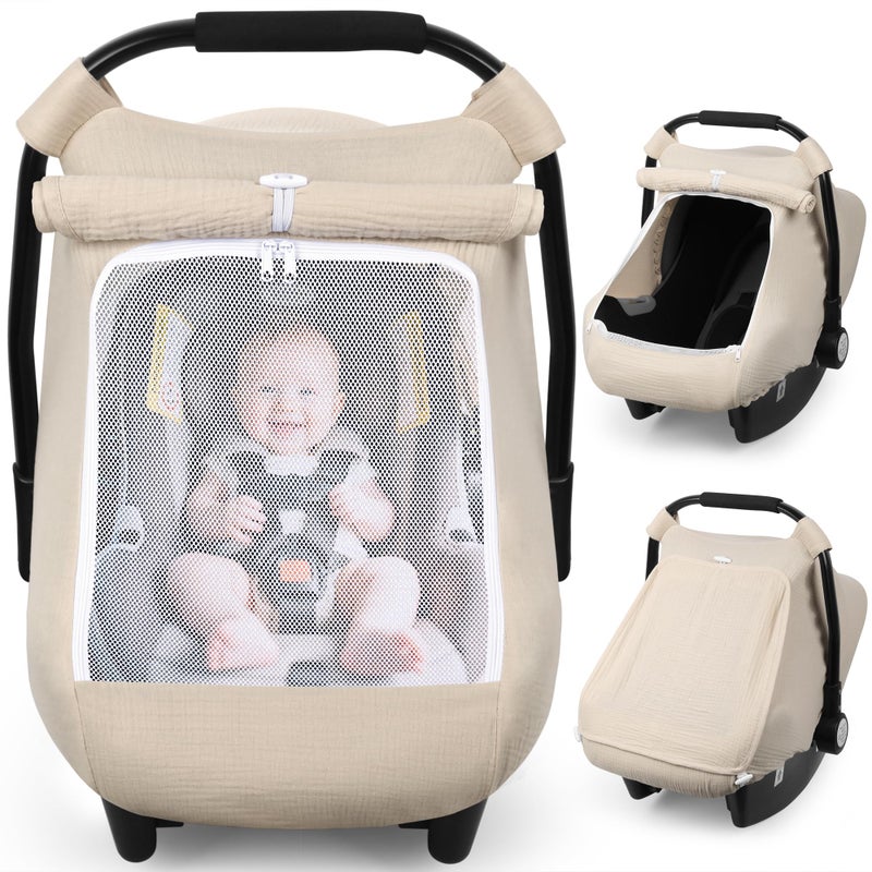 Rquite Car Seat Cover Baby, Carseat Covers Girl Boy, Breathable Muslin Cotton, Large Mesh Window, Infant Car Seat Canopy Baby Carrier Cover Stroller Sun Shade for Summer & Hot Day, Beige - Image 1