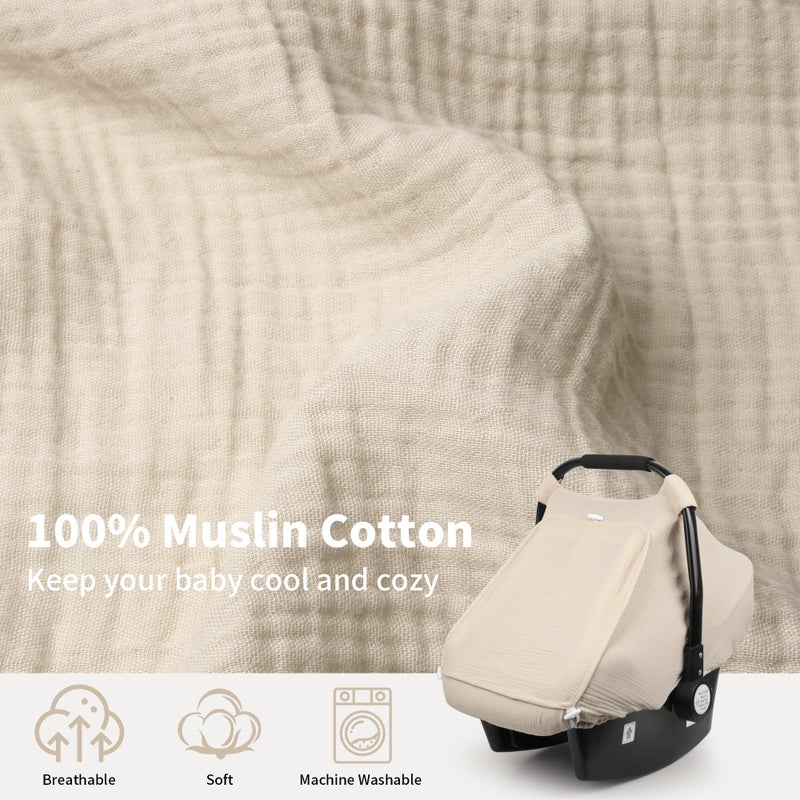 Rquite Car Seat Cover Baby, Carseat Covers Girl Boy, Breathable Muslin Cotton, Large Mesh Window, Infant Car Seat Canopy Baby Carrier Cover Stroller Sun Shade for Summer & Hot Day, Beige - Image 4
