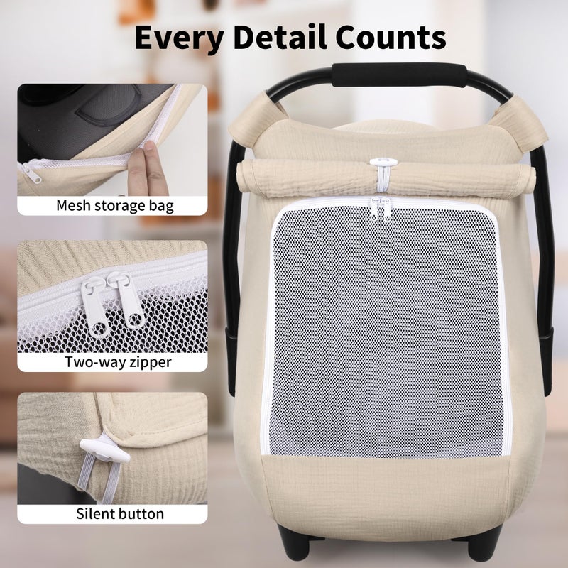 Rquite Car Seat Cover Baby, Carseat Covers Girl Boy, Breathable Muslin Cotton, Large Mesh Window, Infant Car Seat Canopy Baby Carrier Cover Stroller Sun Shade for Summer & Hot Day, Beige - Image 3