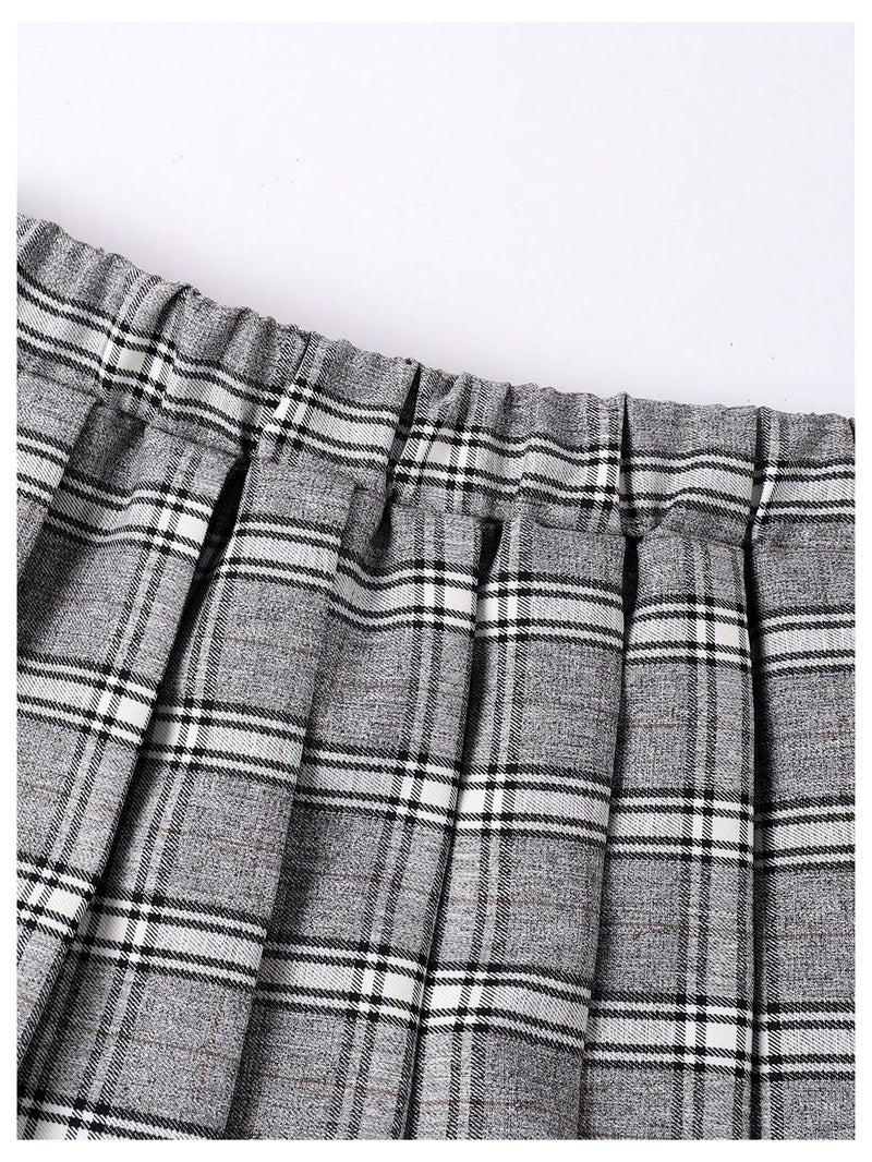 OYOANGLE Girl's 2 Piece Collared Sweatshirts and Plaid Pleated Skirt Preppy Clothes Set Grey 9Y - Image 4