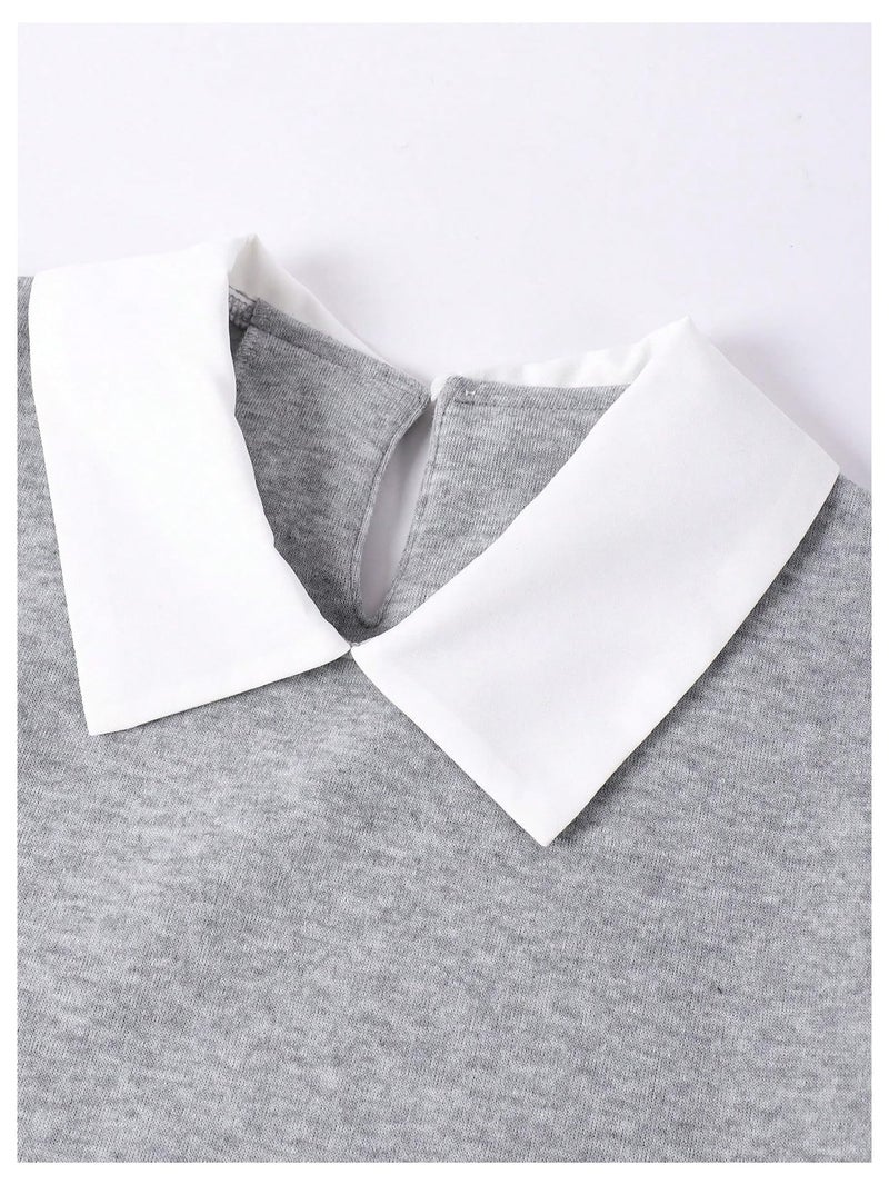 OYOANGLE Girl's 2 Piece Collared Sweatshirts and Plaid Pleated Skirt Preppy Clothes Set Grey 9Y - Image 3