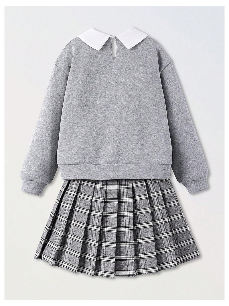 OYOANGLE Girl's 2 Piece Collared Sweatshirts and Plaid Pleated Skirt Preppy Clothes Set Grey 9Y - Image 2
