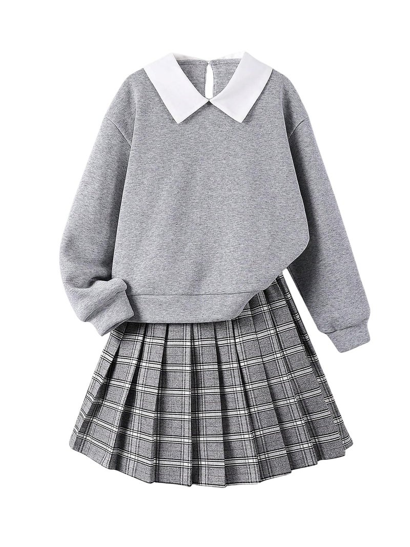 OYOANGLE Girl's 2 Piece Collared Sweatshirts and Plaid Pleated Skirt Preppy Clothes Set Grey 9Y - Image 1