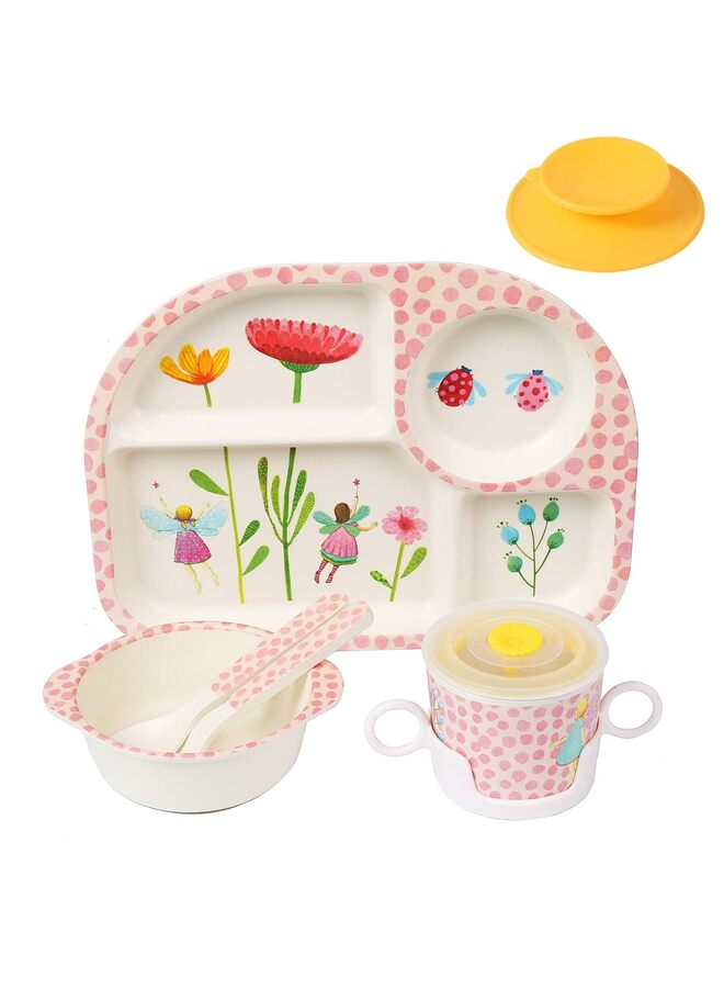 LAMAY 7Pcs/Set Bamboo Kids Dinnerware Set - Children Dishes - Food Plate Bowl Cup Spoon Fork Set Dishware, Cartoon Tableware(A) - Image 1