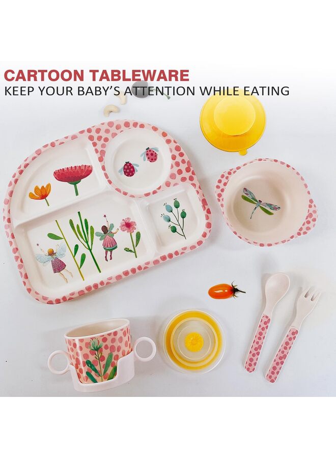 LAMAY 7Pcs/Set Bamboo Kids Dinnerware Set - Children Dishes - Food Plate Bowl Cup Spoon Fork Set Dishware, Cartoon Tableware(A) - Image 4