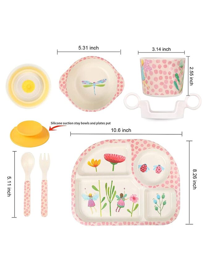 LAMAY 7Pcs/Set Bamboo Kids Dinnerware Set - Children Dishes - Food Plate Bowl Cup Spoon Fork Set Dishware, Cartoon Tableware(A) - Image 2