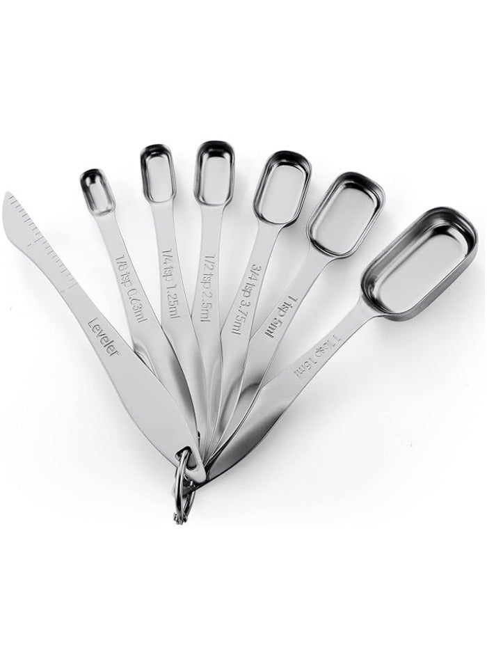 Stainless Steel Measuring Spoons Set of 7 with Leveler, Rectangular Metal Teaspoon & Tablespoon Measuring Spoons for Dry & Liquid Ingredients - Nesting Kitchen Gadgets For Baking & Cooking - Image 1