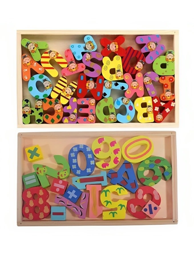 مجموعة تعليمية تتضمن الأرقام والحروف الأبجدية بتصميم خشبي ثلاثي الأبعاد بألوان وأشكال رسومية مميزة، أدوات تعليمية مساعدة  من مونتيسوري مخصصة للتعليم المبكر للأطفال الصغار للمنزل والمراكز التعليمية - Image 1