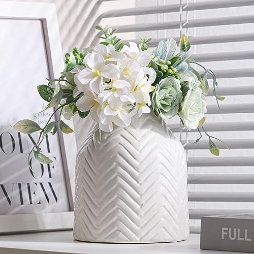 hjn White Vase for Flowers Ceramic Vase for Decor, Modern Decorative Vase, Vases for Your Kitchen/Office/Living Room/Bookshelf/Mantel - White Texture(Small) - Image 1
