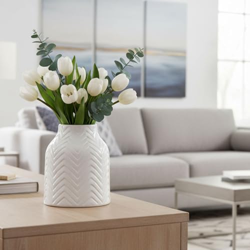 hjn White Vase for Flowers Ceramic Vase for Decor, Modern Decorative Vase, Vases for Your Kitchen/Office/Living Room/Bookshelf/Mantel - White Texture(Small) - Image 2