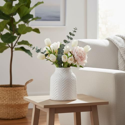 hjn White Vase for Flowers Ceramic Vase for Decor, Modern Decorative Vase, Vases for Your Kitchen/Office/Living Room/Bookshelf/Mantel - White Texture(Small) - Image 4