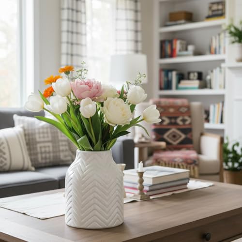 hjn White Vase for Flowers Ceramic Vase for Decor, Modern Decorative Vase, Vases for Your Kitchen/Office/Living Room/Bookshelf/Mantel - White Texture(Small) - Image 5
