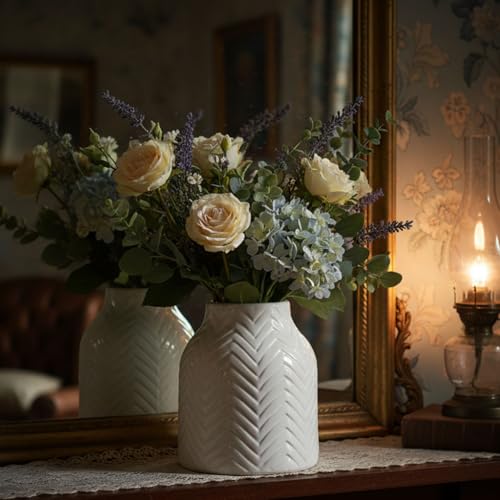 hjn White Vase for Flowers Ceramic Vase for Decor, Modern Decorative Vase, Vases for Your Kitchen/Office/Living Room/Bookshelf/Mantel - White Texture(Small) - Image 3