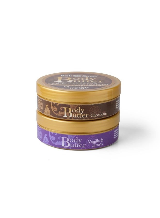 Bali Soap زبدة الجسم بالشوكولاتة والفانيليا - كريم جسم معطر للنساء والرجال - زبدة الكاكاو ومستخلص الألوة فيرا، مجموعة هدايا من 2 عبوة 3.1 أونصة لكل منها - Image 4