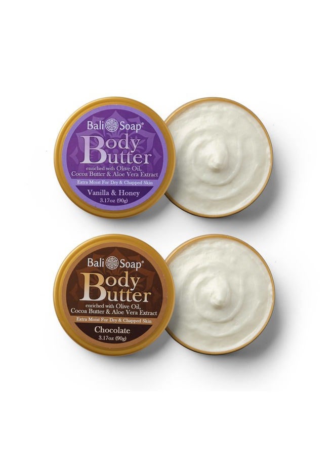 Bali Soap زبدة الجسم بالشوكولاتة والفانيليا - كريم جسم معطر للنساء والرجال - زبدة الكاكاو ومستخلص الألوة فيرا، مجموعة هدايا من 2 عبوة 3.1 أونصة لكل منها - Image 1