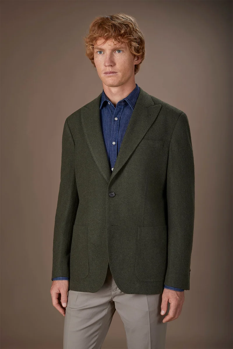 Doppelganger Green Men's single-breasted jacket in wool blend with herringbone pattern regular fit - Green for Men | Best Price UAE