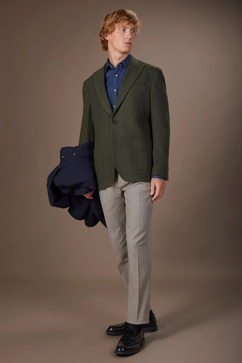 Men's single-breasted jacket in wool blend with herringbone pattern regular fit - Green