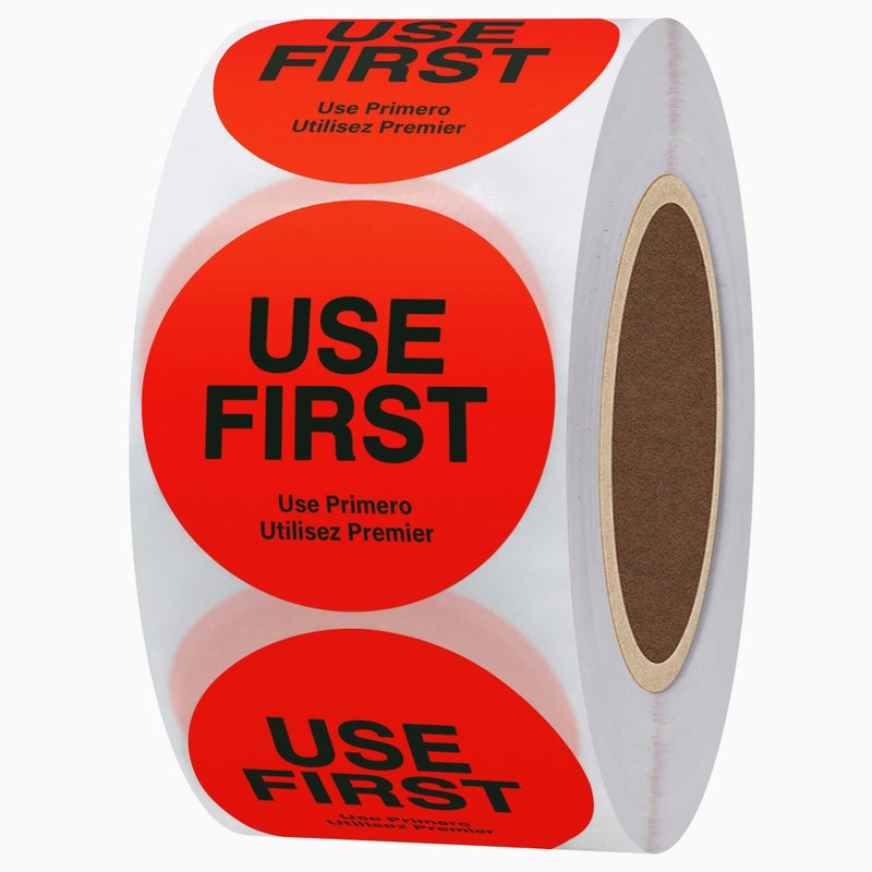 Hybsk USE First Stickers Restaurant Food Service FIFO Label 1.5 Inch Total 500 Labels Per Roll (Red) - Image 1