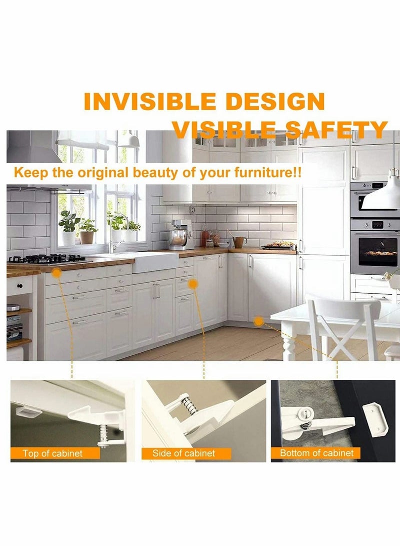 Child Safety Locks, 10 Pack Child Safety Cupboard Locks, Invisible and Unlocked Design, No Tools or Drilling Needed, Baby Cabinet Locks for Kitchen Cabinets and Drawers Latches (White)  - Image 3