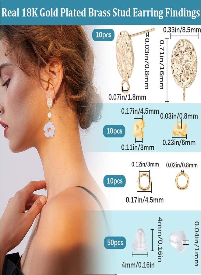 CREATCABIN 1 Box 80Pcs 18K Gold Plated Brass Oval Earring Findings with 10pcs Studs, 10pcs Jump Rings, 60pcs Ear Nuts (10 Gold Plated, 50 Plastic), 0.63x0.33 in, Gold - Image 2