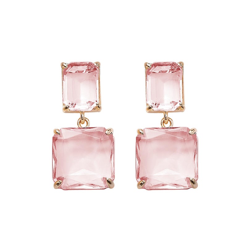 Aktully Pink Crystal Square Earrings for Women Clear Earrings Rhinestone Geometric Earrings Transparent Rectangle Drop Earrings Prom Earrings Wedding Bridal Birthday Jewelry for Women - Image 1