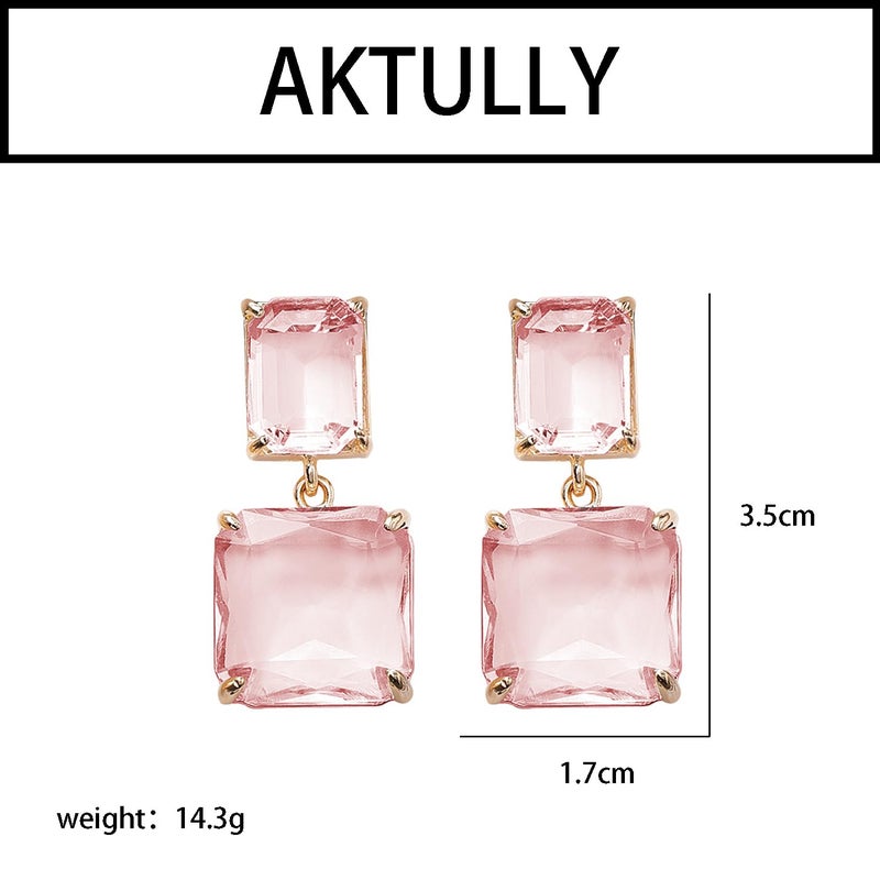 Aktully Pink Crystal Square Earrings for Women Clear Earrings Rhinestone Geometric Earrings Transparent Rectangle Drop Earrings Prom Earrings Wedding Bridal Birthday Jewelry for Women - Image 3