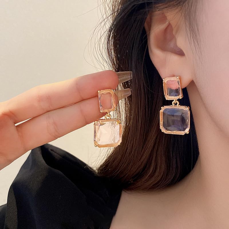 Aktully Pink Crystal Square Earrings for Women Clear Earrings Rhinestone Geometric Earrings Transparent Rectangle Drop Earrings Prom Earrings Wedding Bridal Birthday Jewelry for Women - Image 2