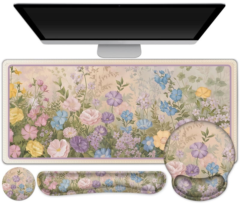 AIMSA Large Gaming Mouse Pad, Keyboard Wrist Rest Pad, Wrist Support Mousepad Set, Extended Desk Pad Ergonomic Desk Mat for Home Office, Beautiful Flowers - Image 1