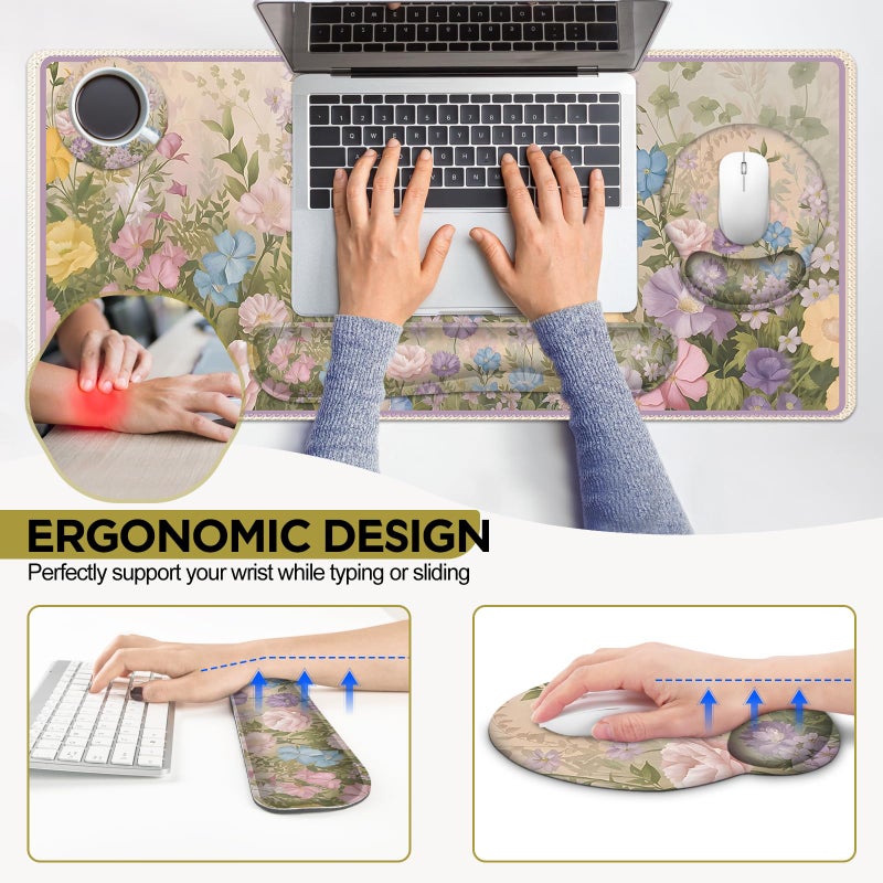 AIMSA Large Gaming Mouse Pad, Keyboard Wrist Rest Pad, Wrist Support Mousepad Set, Extended Desk Pad Ergonomic Desk Mat for Home Office, Beautiful Flowers - Image 3