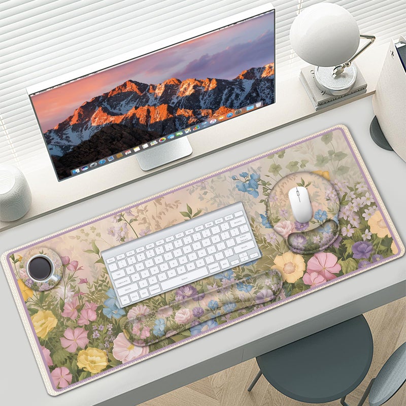 AIMSA Large Gaming Mouse Pad, Keyboard Wrist Rest Pad, Wrist Support Mousepad Set, Extended Desk Pad Ergonomic Desk Mat for Home Office, Beautiful Flowers - Image 2