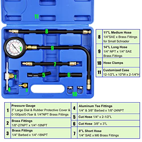 JIFETOR Fuel Injection Pump Pressure Tester Gauge Kit, Car Gasoline Gas Fuel Oil Injector Test Manometer Tool Set 0-100PSI, Universal for Auto Truck SUV Motorcycle ATV RV - Image 2