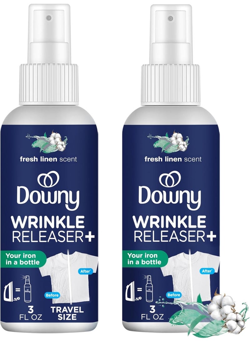 Downy بخاخ داوني لإزالة التجاعيد - بخاخ إزالة التجاعيد الشامل بحجم السفر، مزيل الروائح، مزيل static، منعش الأقمشة ومساعد للكي للملابس 3 أونصة سائلة (عبوة من 2)، رائحة الكتان المنعشة - Image 1