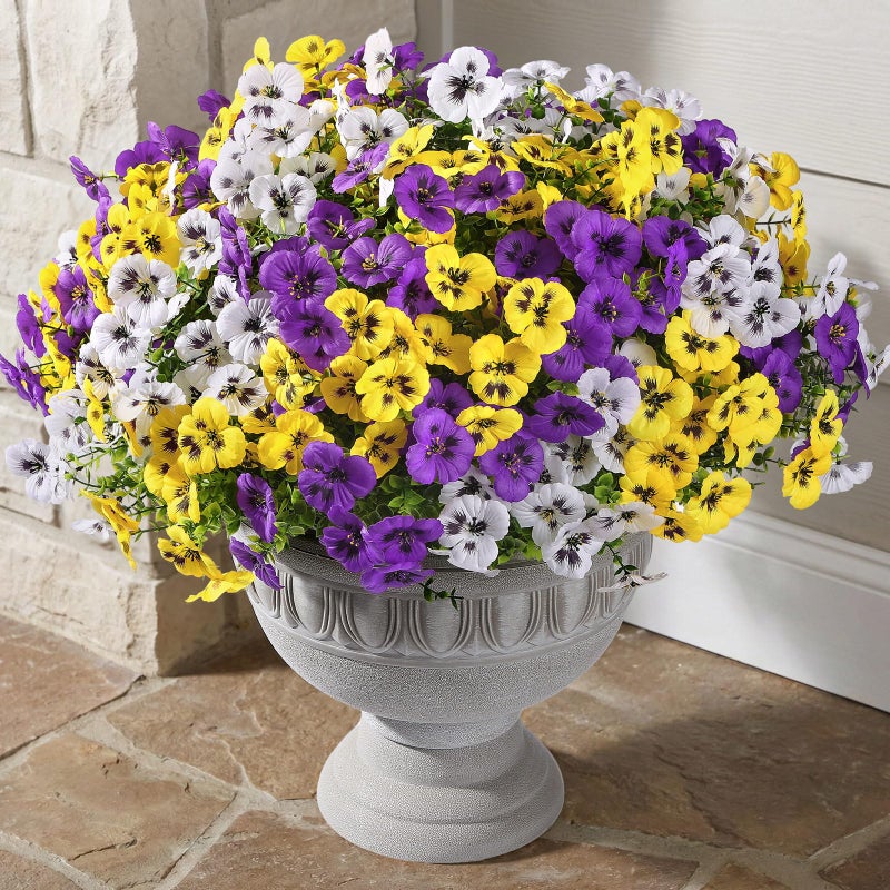 Alupssuc 24 Bundles Artificial Flowers for Outdoors, Fake Spring Flowers for Decoration, UV Resistant Realistic Pansies with Eucalyptus Silk Faux Flowers for Porch Patio Yard, Purple Yellow White - Image 3