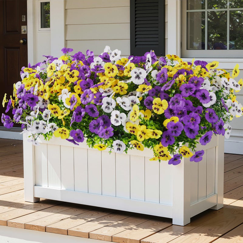 Alupssuc 24 Bundles Artificial Flowers for Outdoors, Fake Spring Flowers for Decoration, UV Resistant Realistic Pansies with Eucalyptus Silk Faux Flowers for Porch Patio Yard, Purple Yellow White - Image 2