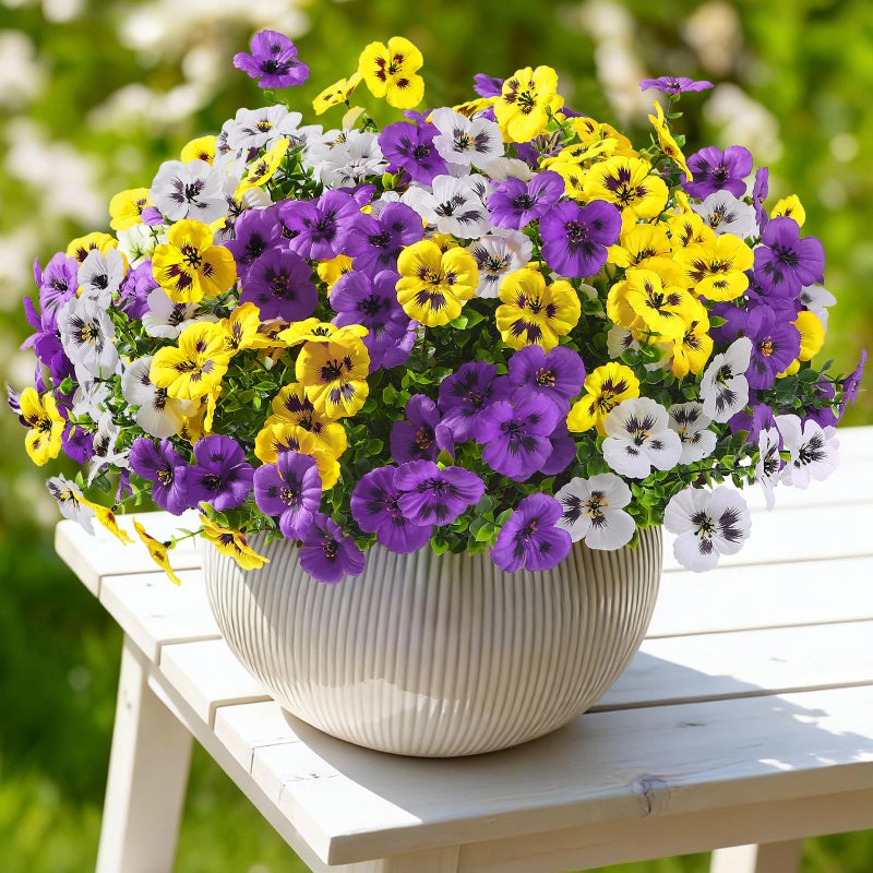 Alupssuc 24 Bundles Artificial Flowers for Outdoors, Fake Spring Flowers for Decoration, UV Resistant Realistic Pansies with Eucalyptus Silk Faux Flowers for Porch Patio Yard, Purple Yellow White - Image 5
