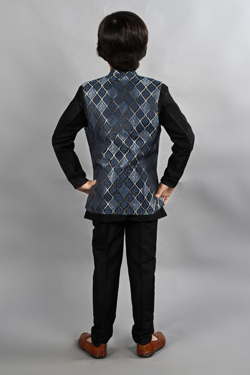 AHHAAAA Kids Ethnic Silk Blend Waistcoat Kurta Pyjama 3 Piece Sherwani Set For Boys |Blue 7-8 Years, 539| - Image 3