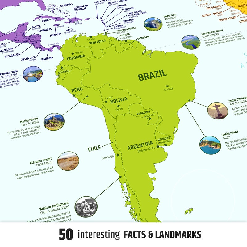 The World Game Colorful World Map with Flags & Capitals + 50 Interesting Facts - XL Wall Art Poster for Home & Classroom - Educational for Kids & Adults - Image 3