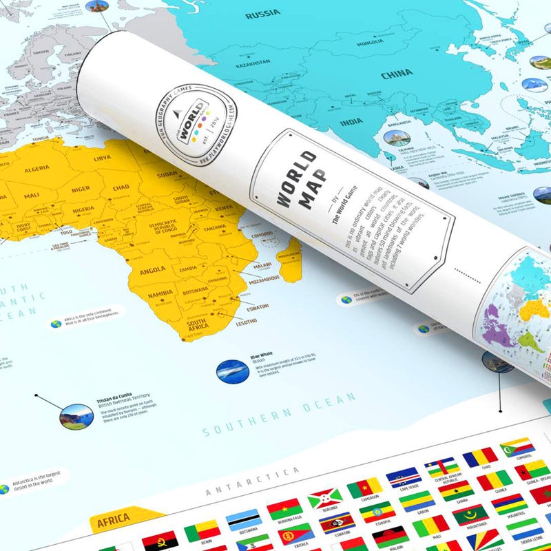 The World Game Colorful World Map with Flags & Capitals + 50 Interesting Facts - XL Wall Art Poster for Home & Classroom - Educational for Kids & Adults - Image 2