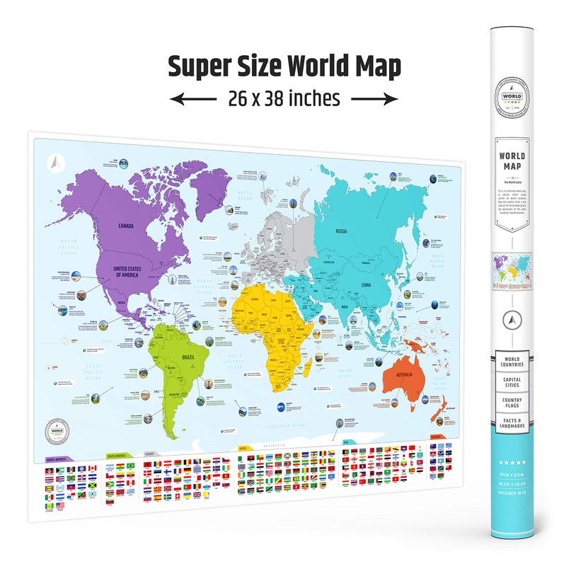 The World Game Colorful World Map with Flags & Capitals + 50 Interesting Facts - XL Wall Art Poster for Home & Classroom - Educational for Kids & Adults - Image 5
