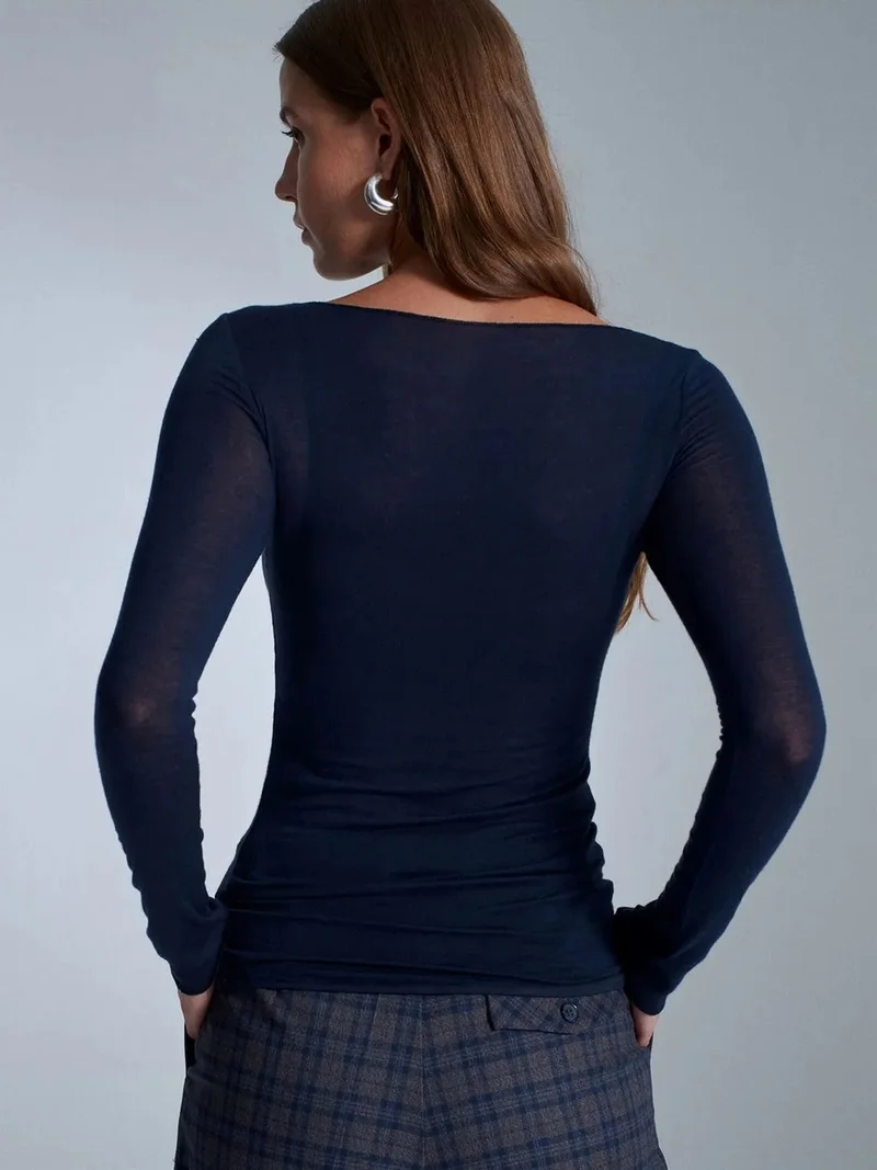 ديلفين DILVIN Slim Fit Boat Neck Long Sleeve Knit Blouse