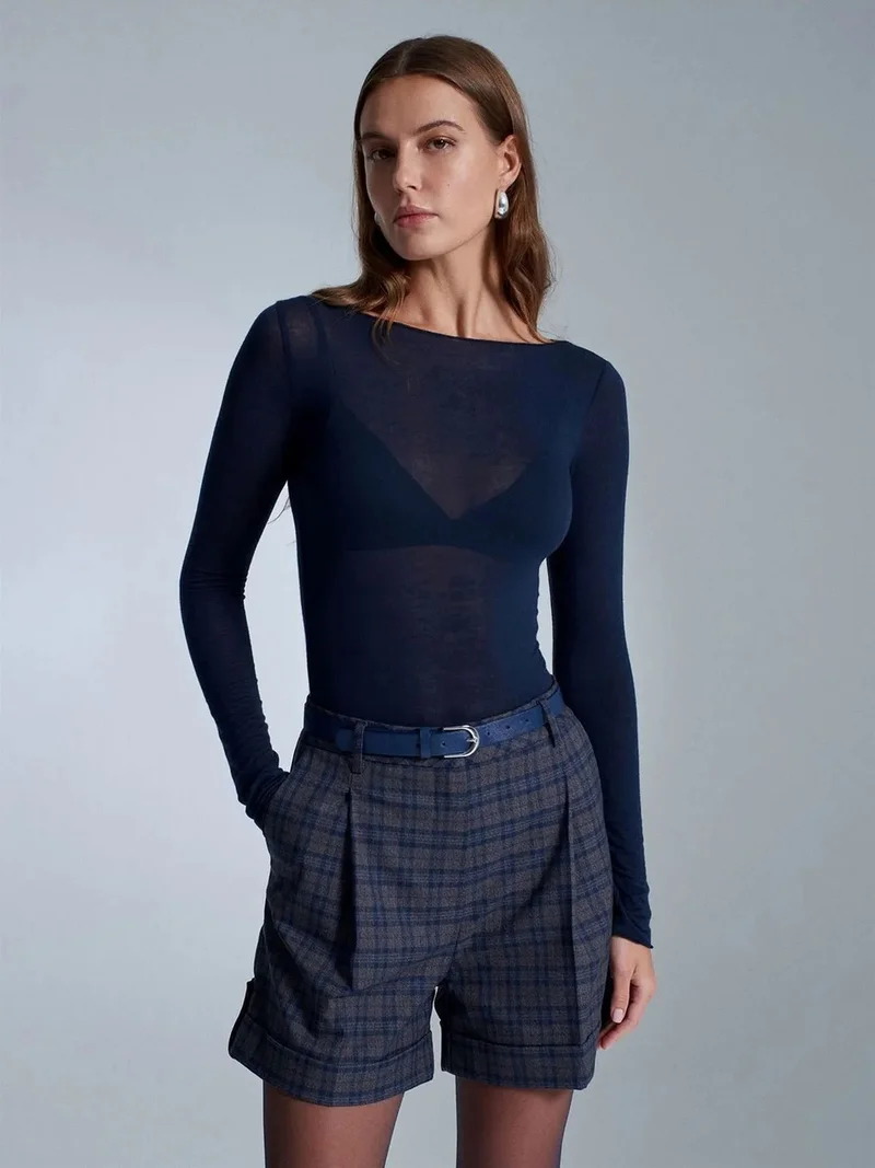 ديلفين DILVIN Slim Fit Boat Neck Long Sleeve Knit Blouse