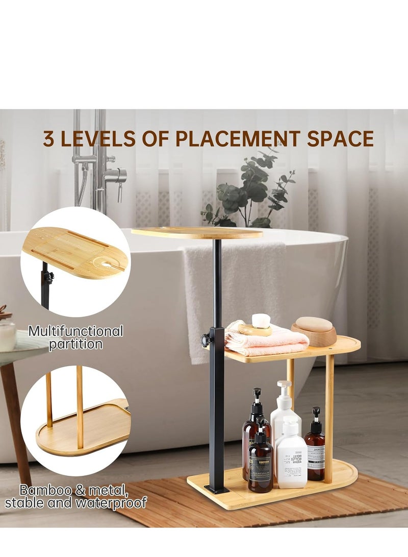 Generic 3 layer bamboo bathtub tray table, adjustable height bathroom storage rack, independent portable bathtub tray, suitable for home bathrooms.  - Image 4